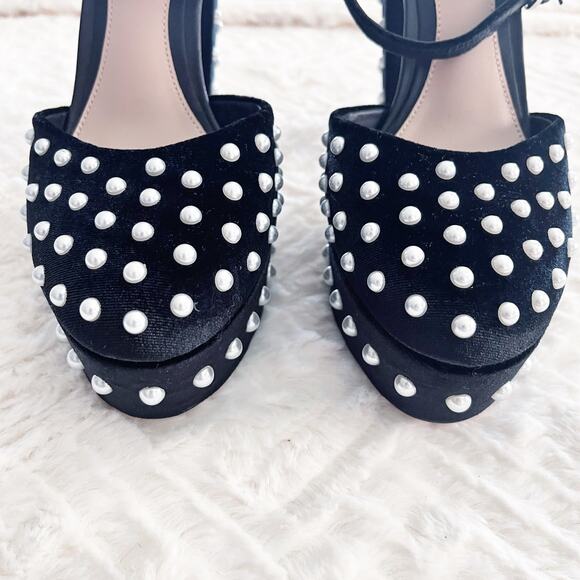 Born on Fifth for Antonio Melani Emily Black Velvet Pearl Platform Pumps - Picture 3 of 8